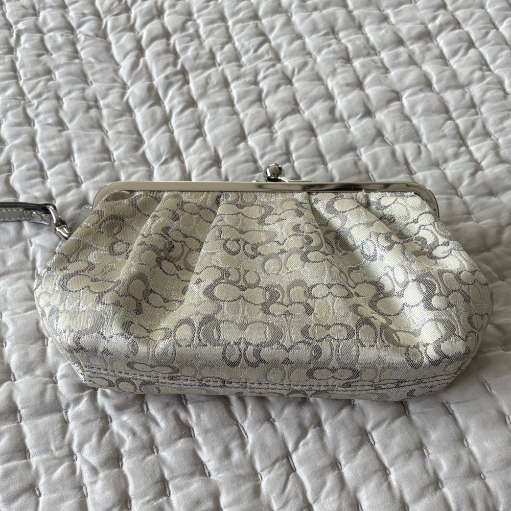 Coach Signature Pattern Cream and Gray Clutch